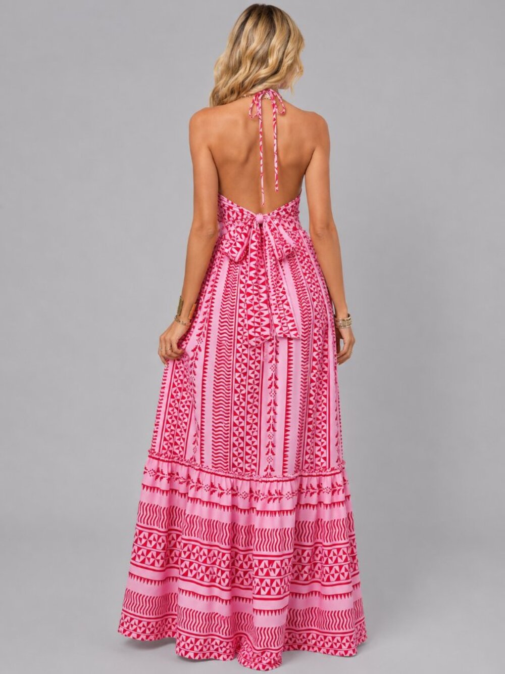 Pink Halter Maxi Dress with Tribal Print